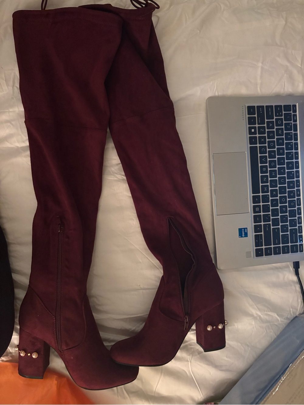 JustFab Burgundy Over-the-Knee Suede Boots with Pearl Heel Detail